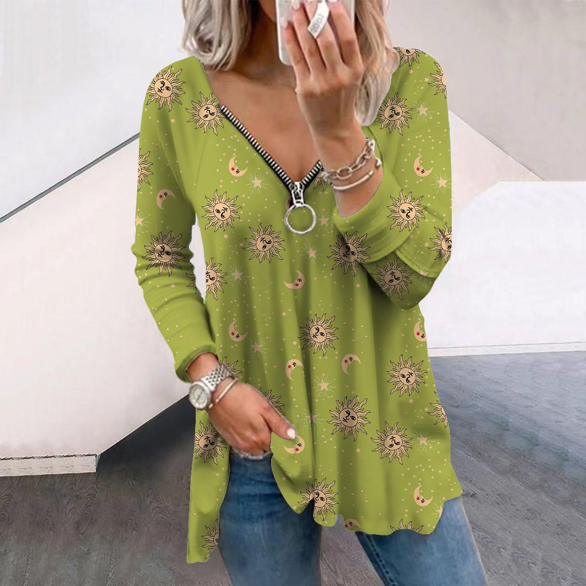 

Женские футболки с длинным рукавом и принтом «Осень Солнце Луна», свободные футболки с V-образным вырезом больших размеров, удобные блузки L жёлтый