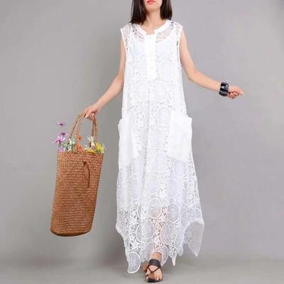Summer Plus Size Dress Women Casual Vintage Lace Hollow Dress Loose Basic Long Dress