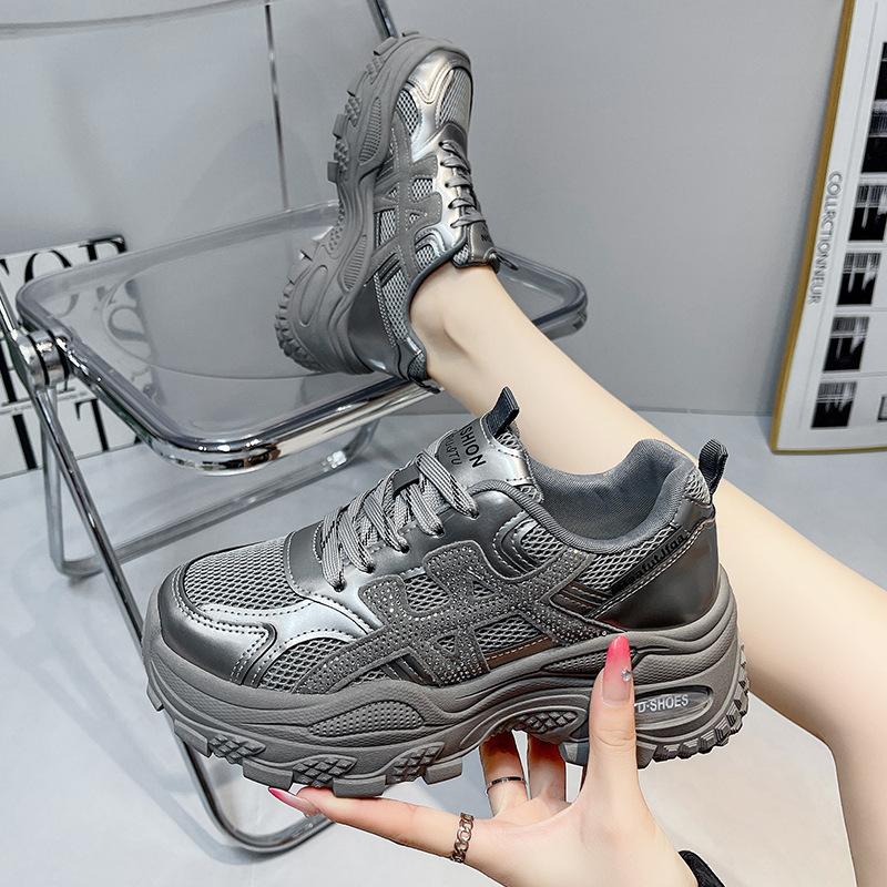 Platform Dad Shoes Women's 2025 Spring and Autumn New Heightening Versatile Breathable Mesh Casual Silver Sports Running Shoes