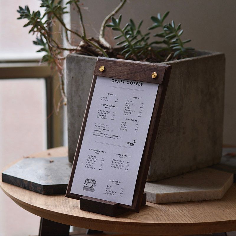 Fangye | Black Walnut Menu Holder Folder Solid Wood Base Plate Retro Textured Design Japanese Style Brass Coffee Restaurant