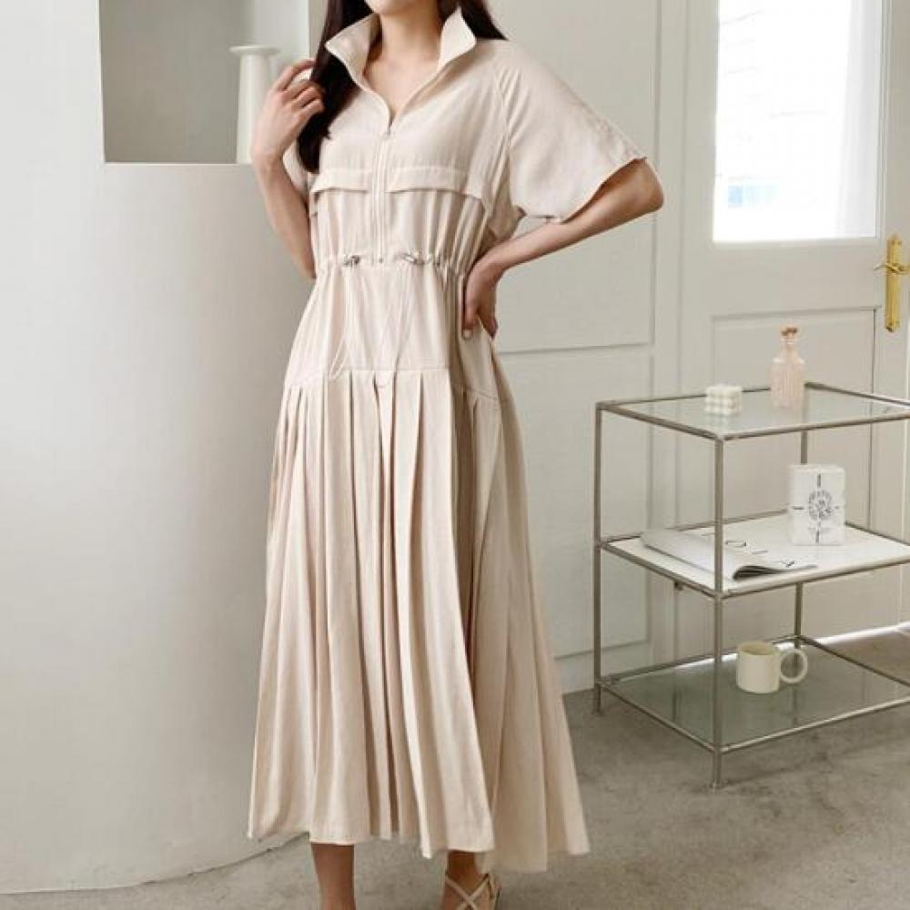 New Arrivals Open Run Women Waiststring Linen Like Short Sleeve Shirt Dress