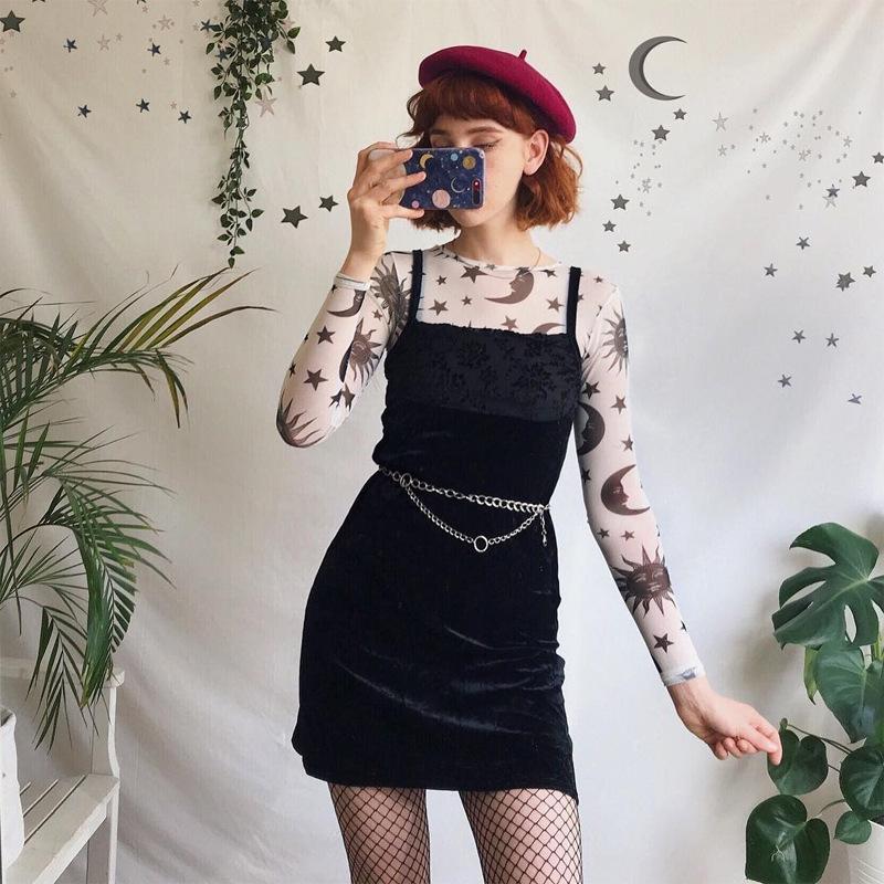 Sun Moon Printed Transparent Mesh Sexy T-Shirt Women O-Neck Long Sleeve Slim Basic Casual Female Tops 2026 Spring New