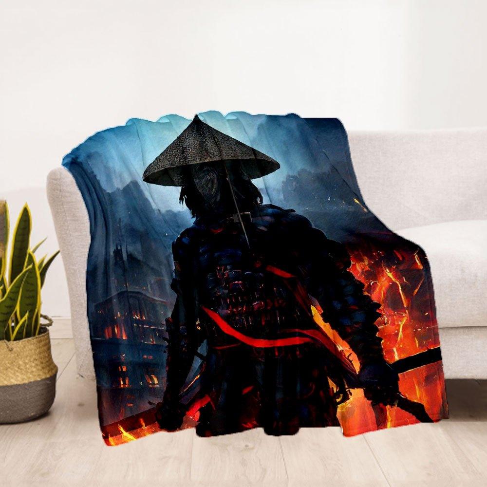 "Samurai Warrior with Katana - Fantasy Art Print"Blanket Flannel Throw Blanket for Sofa, Bed, Travel, Camping, Office, Couch, Chair, And Bed