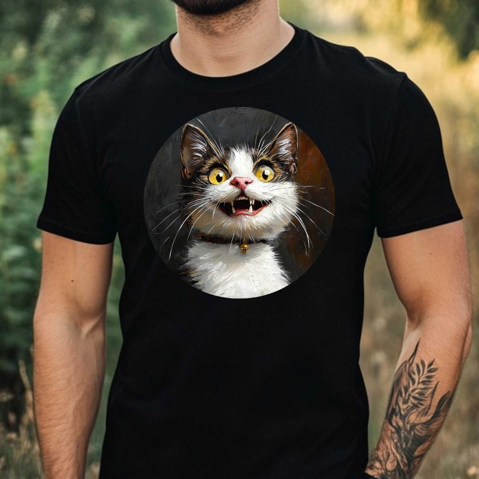 Mens Funny Cat Portrait Motif Cotton T-Shirt Size XS to 5XL- S