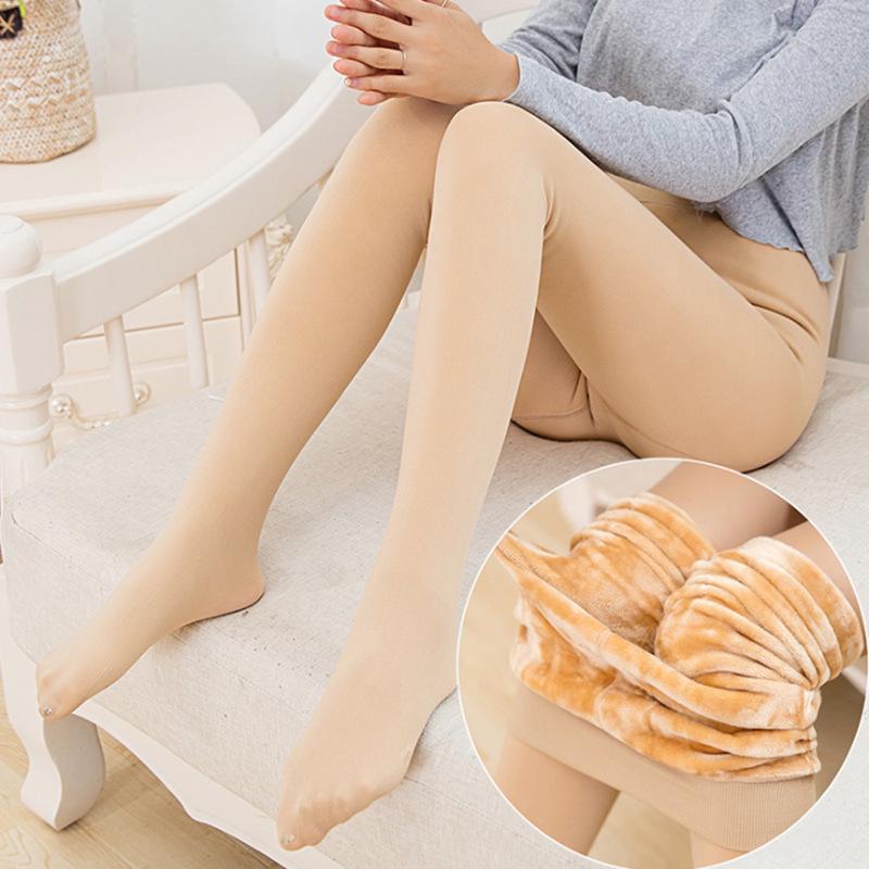 Women's High Waist Winter Faux Sheer Fleece-Lined Leggings with Socks - Nude Feeling Bare Leg Look
