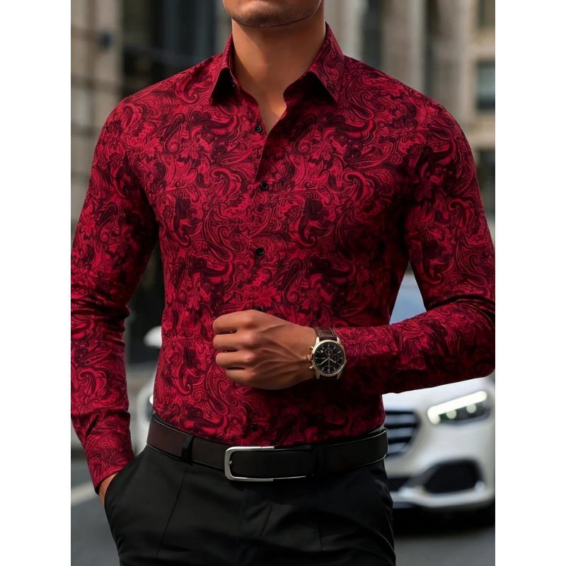 Men's Long Sleeved Cashew Flower Printed Shirt Slim Fit Lapel Shirt Retro Paisley Pattern Business Casual Top