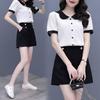 Women's Summer Color Block Doll Collar Two-Piece Set: Short Sleeve Top & Shorts