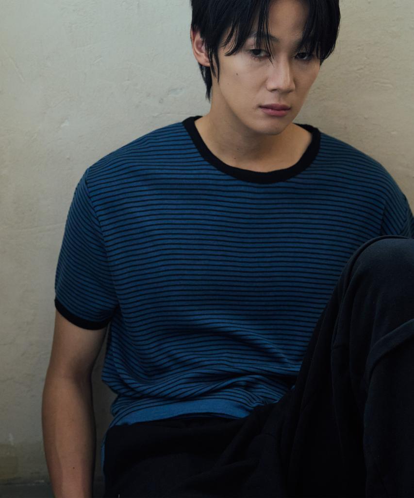 NODU Striped Ringer Short Sleeve Knit [Blue]