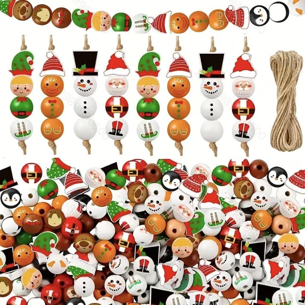 Navidad Natal Gift DIY Christmas Wooden Bead String Pendant 20mm Color Printed Wooden Bead Set Home Decoration Kid Gift
