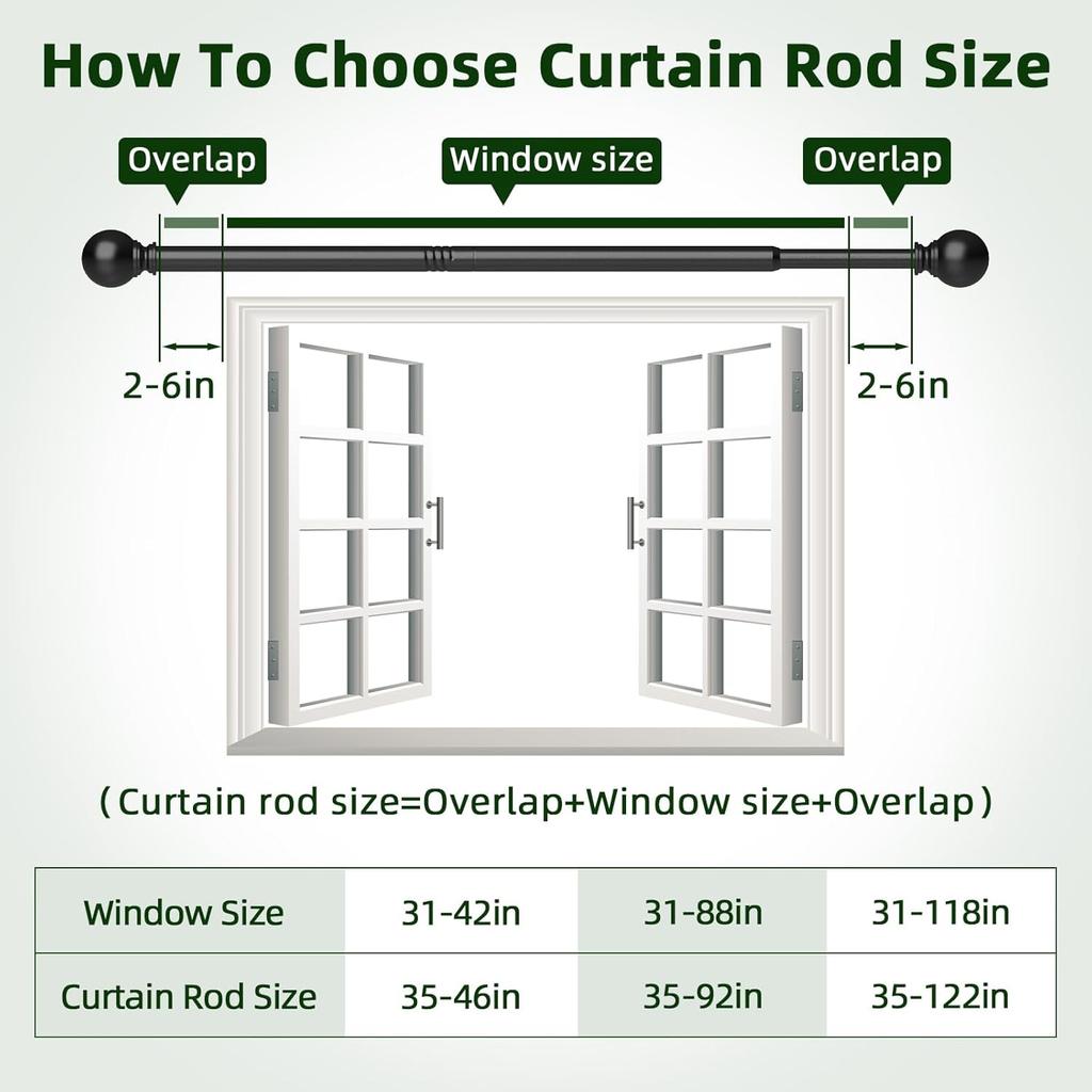 Curtain Rods No Drilling for Windows 48 to 84-90, 5/8 Inch Black Renter Friendly Adjustable Curtain Rod with 3M Adhesive Brackets