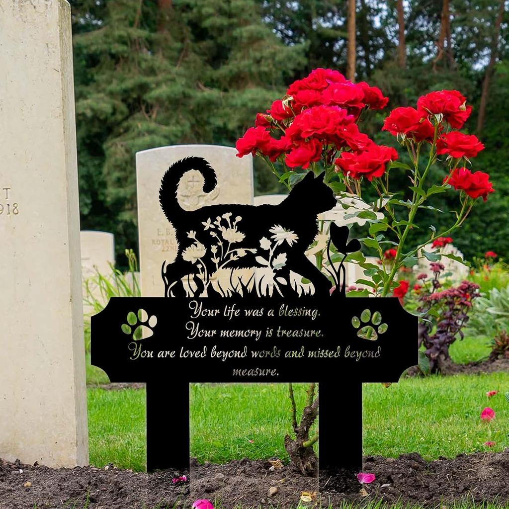 Cat Grave Marker Outdoor Memorial – 12in Metal Pet Memorial Plaque with Garden Cat Silhouette, Weatherproof Headstone for Yard or Indoor Tribute,