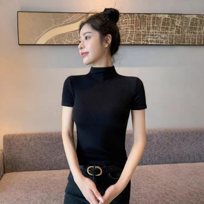New Ancora Red Half Turtleneck Short-sleeved Bottoming Shirt for Women to Wear with Summer, Spring and Autumn New Style Tops