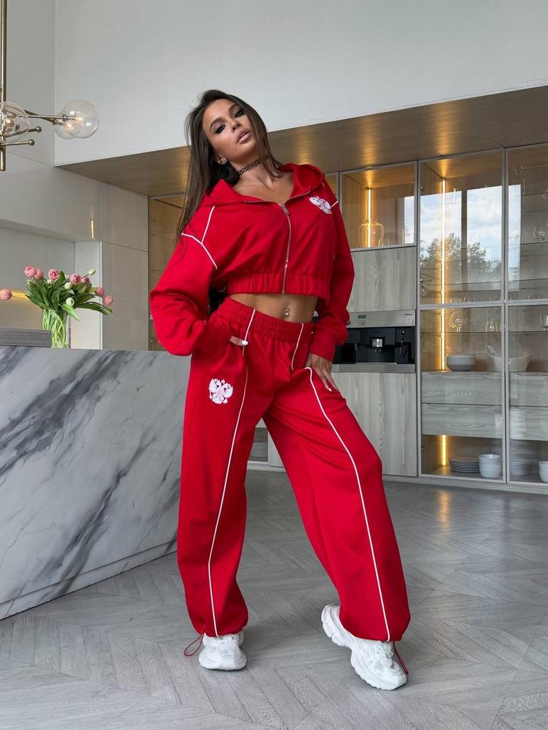 Niche Design Patchwork Hoodie Two-piece Set, New Fashionable Long Pants National Emblem Embroidery Set for Women