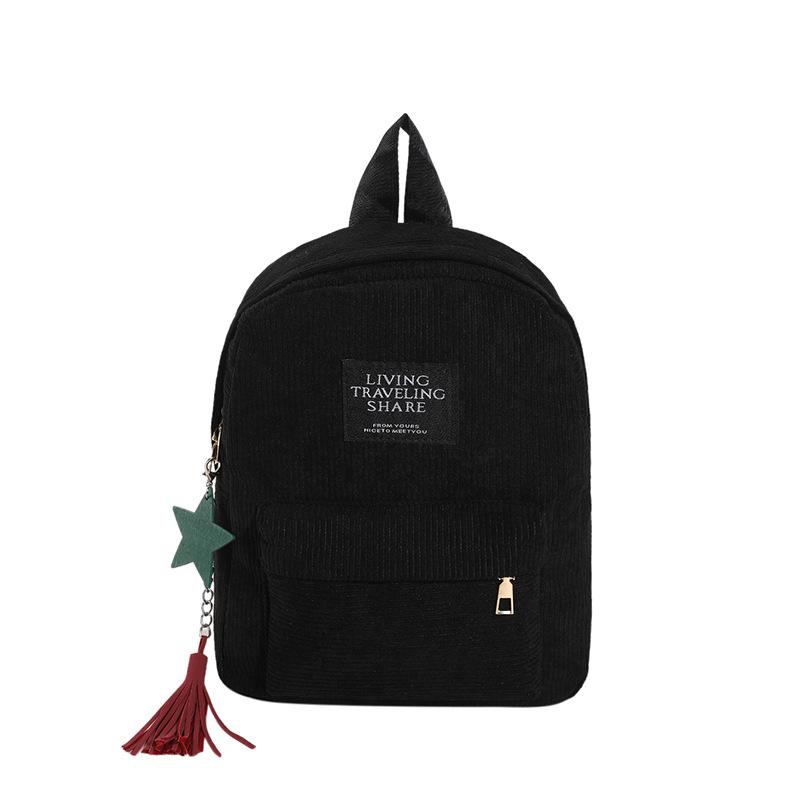 Women School Soulder Bag Tassel Corduroy Backpack Preppy Style Knapsack