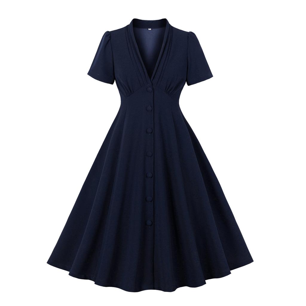 GMXIA Retro Sexy V-neck High-waisted Single-breasted Elegant Slim Dress