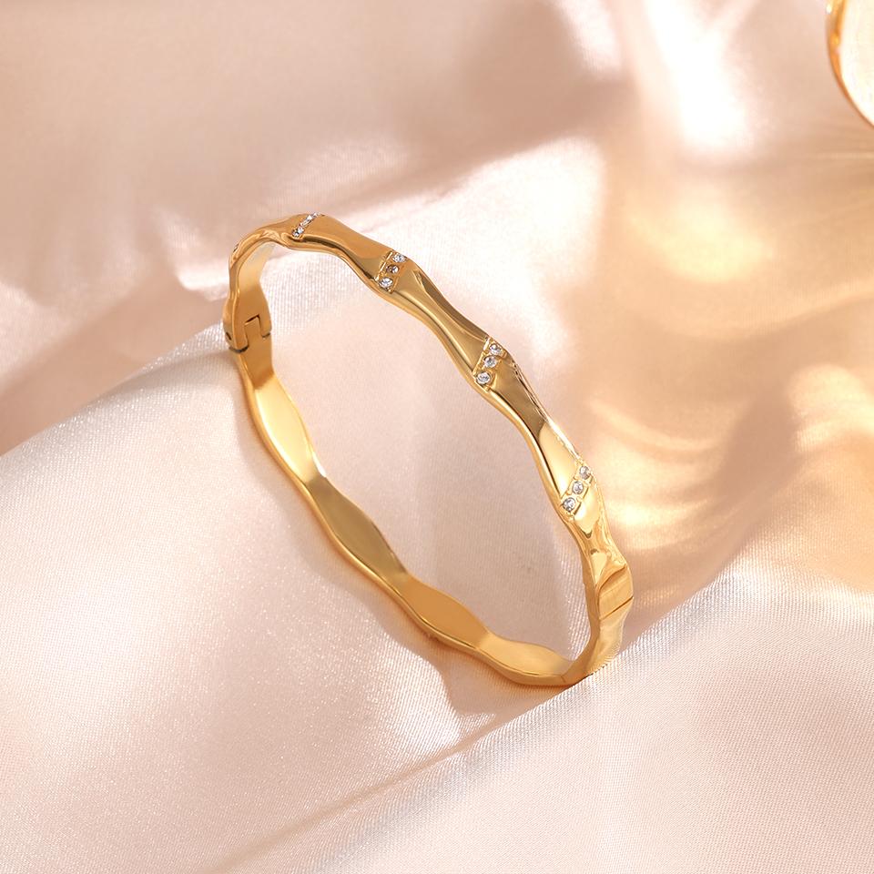 ZAKOL Personalized Bamboo Inlaid Zircon Stainles Steel Bangles Smooth Metal Bracelet Waterproof Zircon for Women