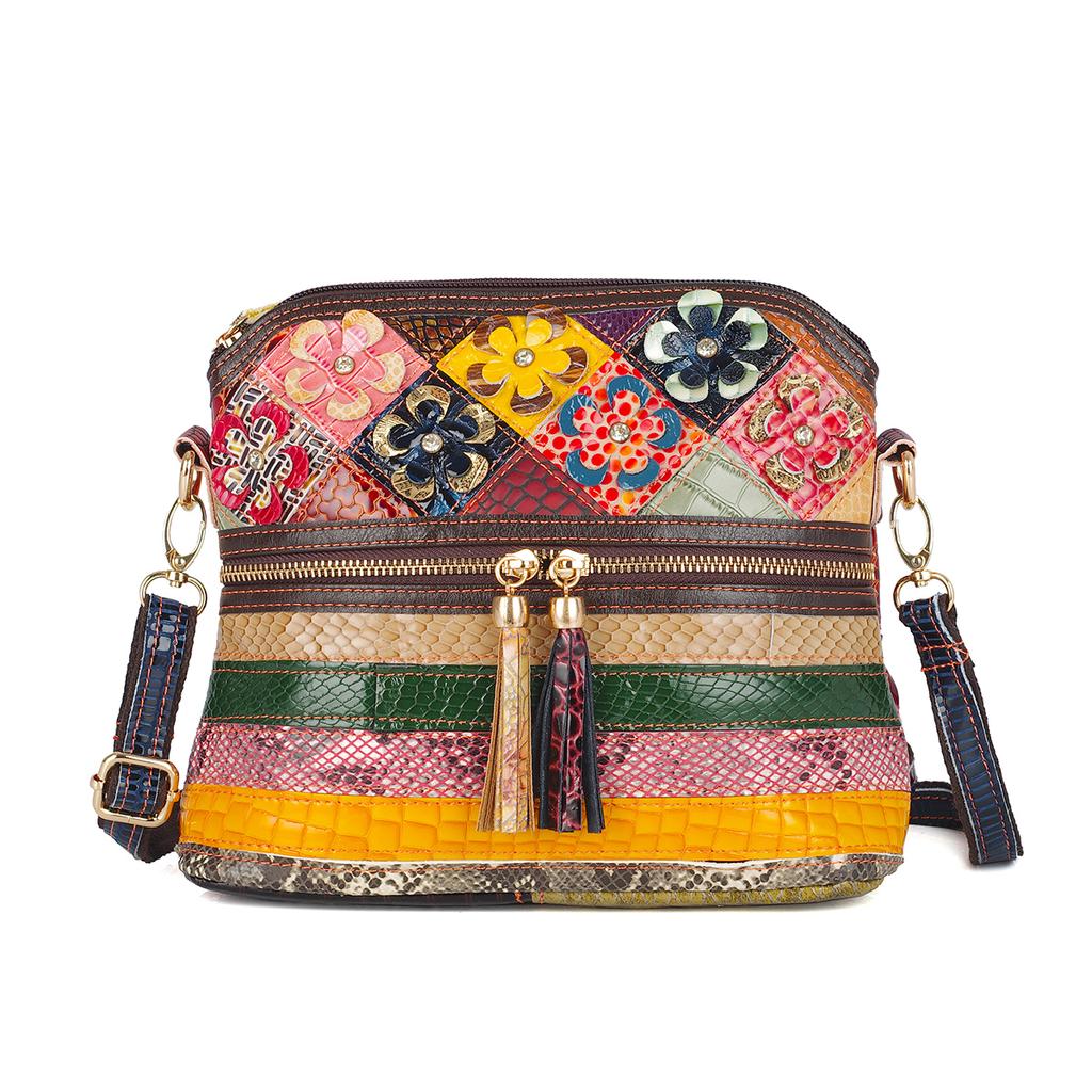 Damen Leder Umhängetasche mit Schlangenprint zufällige Blumenfarbe Mosaik Fransen kleine Tasche Mode