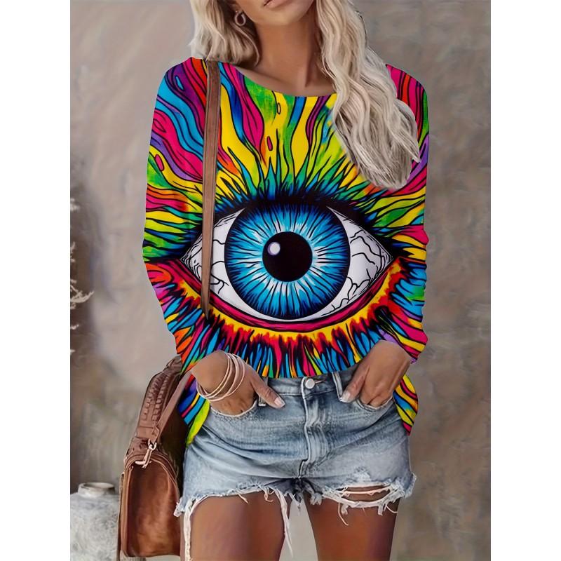 Abstract Tie-Dye 3D Digital Print Loose Fit Womens Crew Neck Long Sleeve T-Shirt Casual Comfort Top