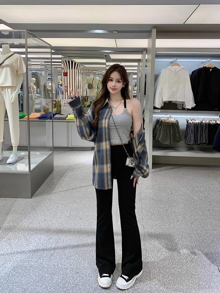 American Retro Plaid Long Sleeve Shirt Jacket for Women - Small Size, Spring/Autumn 2024