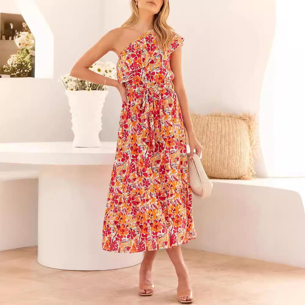 

Женское летнее платье без рукавов с косыми плечами и цветочным принтом, весеннее повседневное платье А-силуэта длиной до щиколотки с высокой талией и оборками по краю L жёлтый