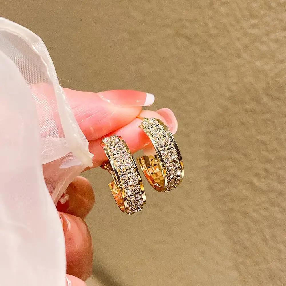 Exquisite High Quality Shiny Full of Zircon Circle Hoop Earrings for Women Temperament Geometric C-type Dangle Korea Jewelry