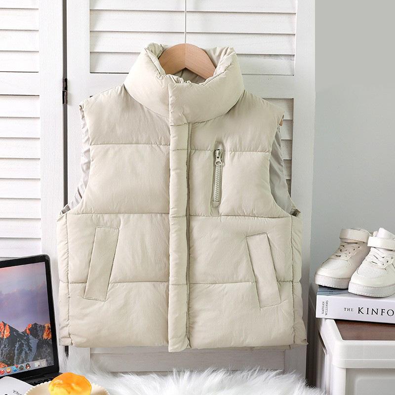 Children's Zippered Down Cotton Stand-up Collar Vests for Autumn and Winter, Solid-colored Vests for Boys and Girls