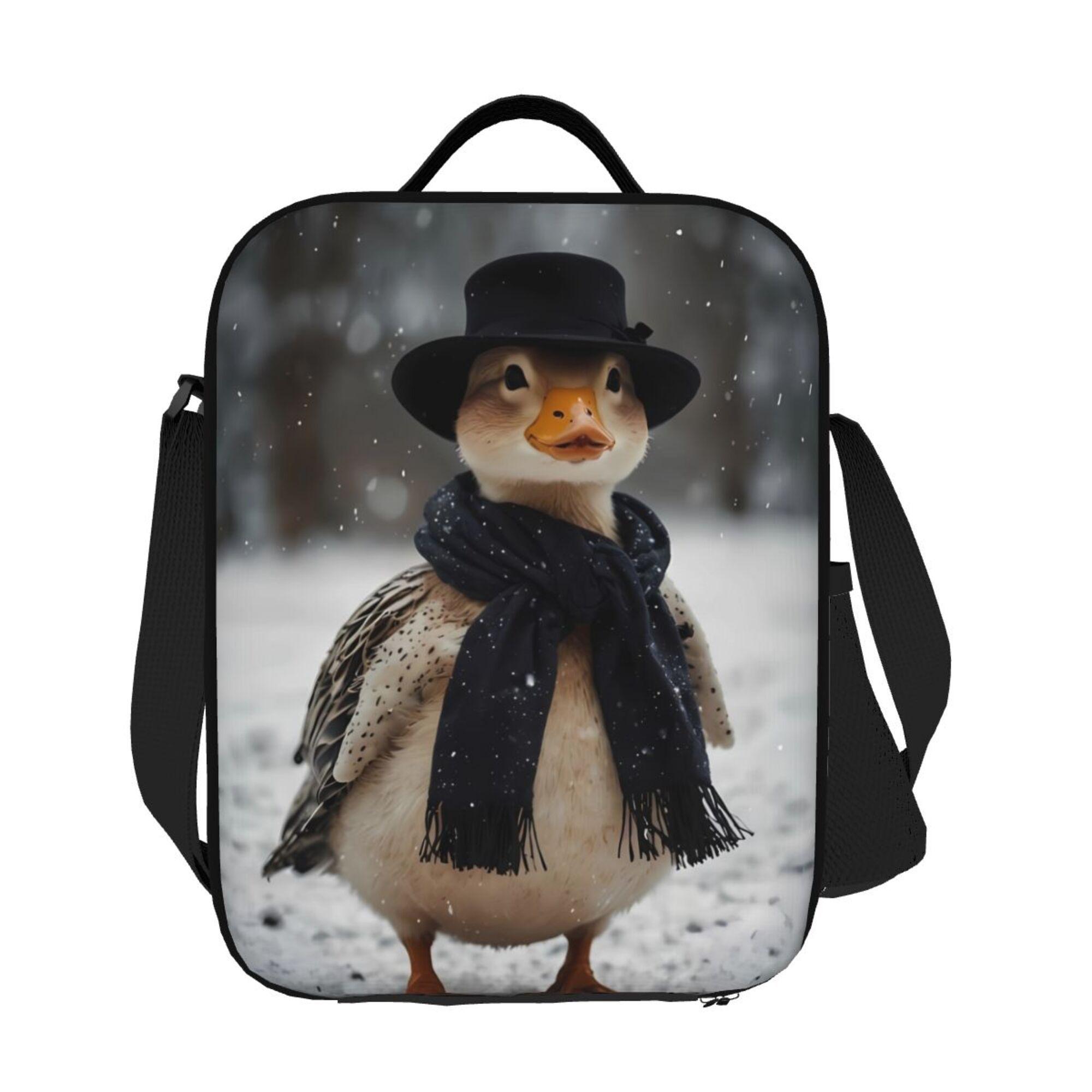 Портативная, многоразовая сумка-холодильник с дизайном маленькой уточки в снежном пейзаже в шапке и шарфе, идеально подходящая для 26.5x20x11.5CM