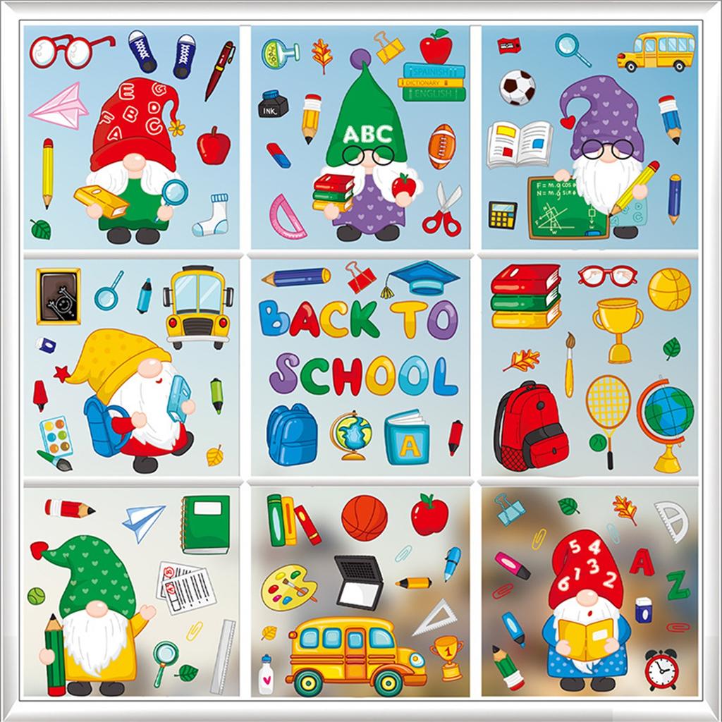 Statisk Dekal för Skolstart, Tecknade Tomtar, Fönsterdekorationer, Dörr- och Fönsterglasdekaler
