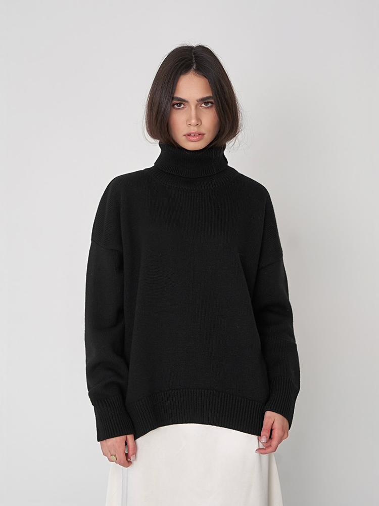 

Модный однотонный свитер с высоким воротом и длинными рукавами, вязаный женский свитер для поездок на работу, свободный свитер с длинными рукавами, осенняя женская уличная одежда S чёрный