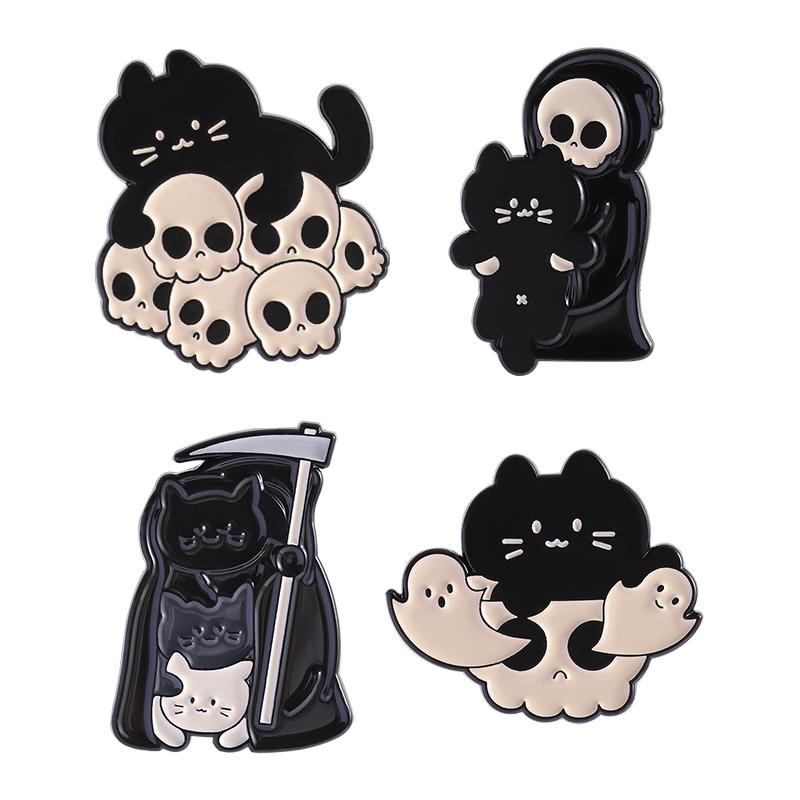White Ghost With Cat Enamel Pins Spooky Pumpkin Skull Boo Kitten Halloween Brooches Lapel Badge Jewelry Gifts for Friends