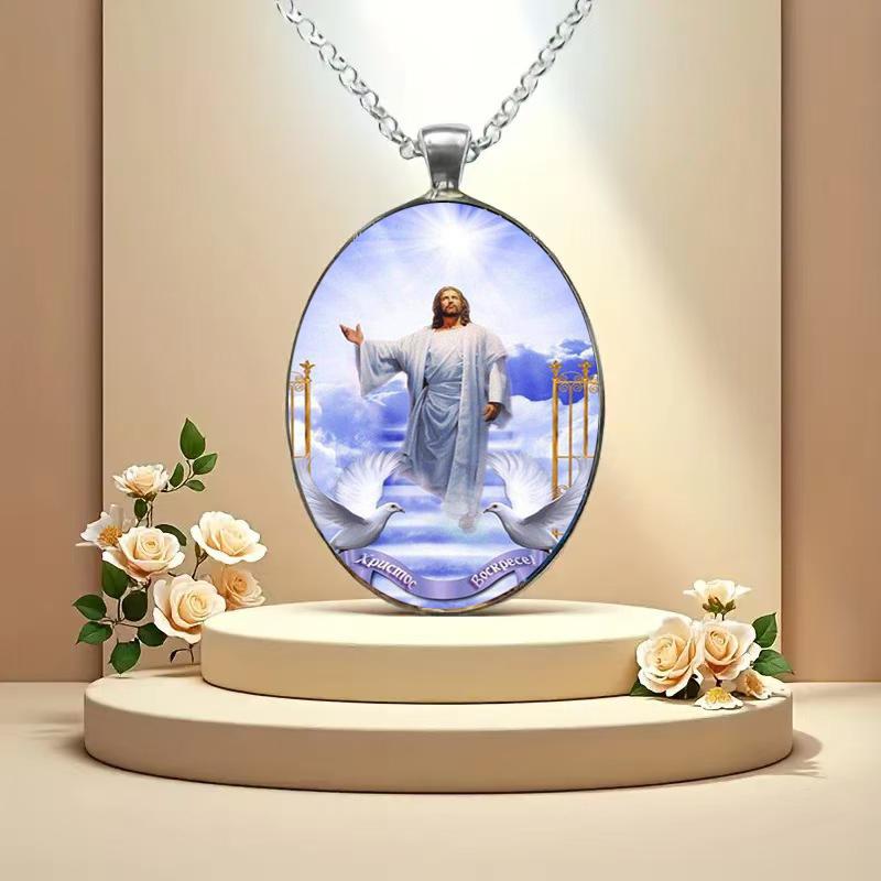 A vintage style Christian Jesus resurrection pendant angel wings glass pendant necklace fashion accessory, a perfect holiday gift for any occasion