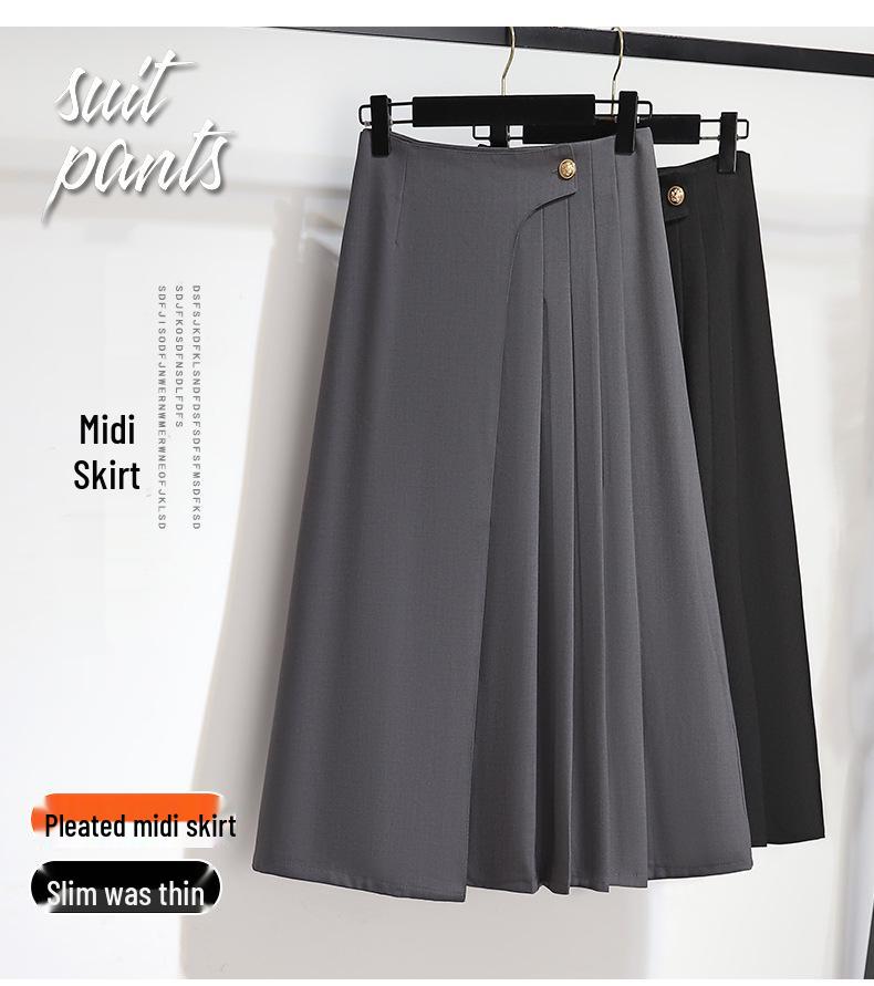 French Gray Irregular A-Line Pleated Midi Skirt - High Waist, Summer 2025