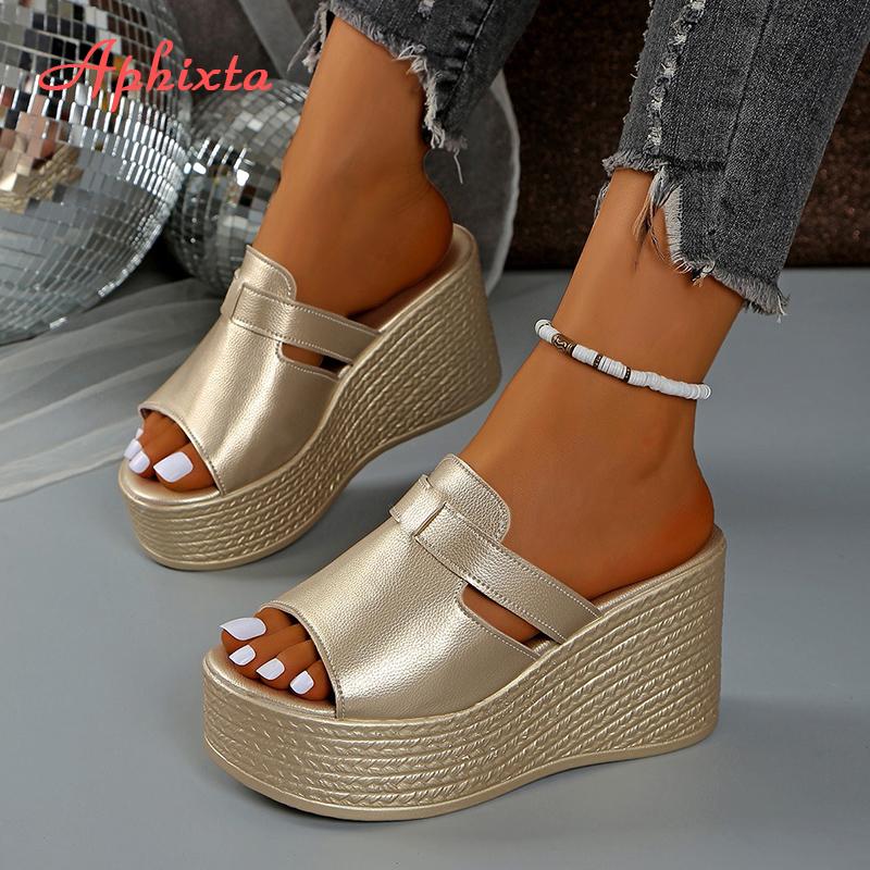 

Aphixta Gold Sole 9cm High Heels Slides Peep ToeWedge Heels Slippers Women Platform Sandals Outside Gold Shoes Size 43 35 золотой