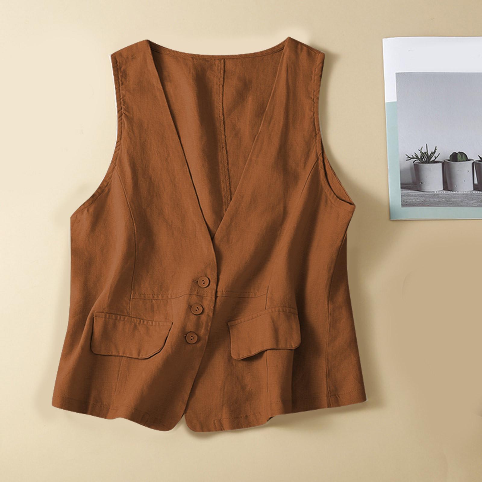 

Винтажный жилет, летний однотонный однотонный жилет без рукавов с глубоким v-образным вырезом, хлопково-льняная тонкая верхняя одежда, жилет, пальто L