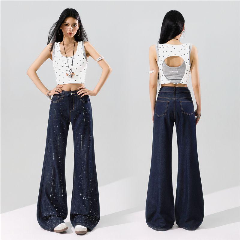 Spring Summer Meteor Full Rhinestone Wrinkle Resistant Four Way Stretch Drape Micro Flare Denim Pants For Women Casual Pants Oversize Denim Trousers