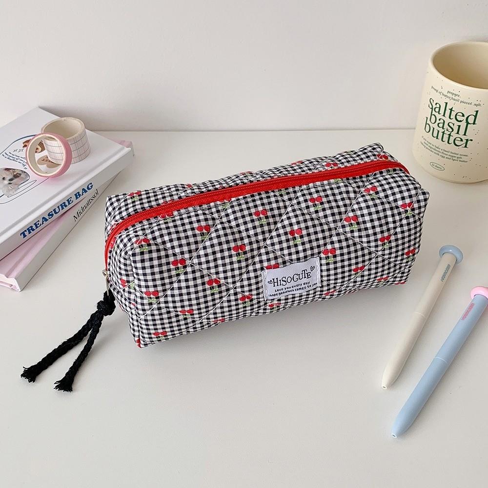 Single Layer Korean Cherry Pencil Case Cute Design Cloth Plaid Pen Bag Student