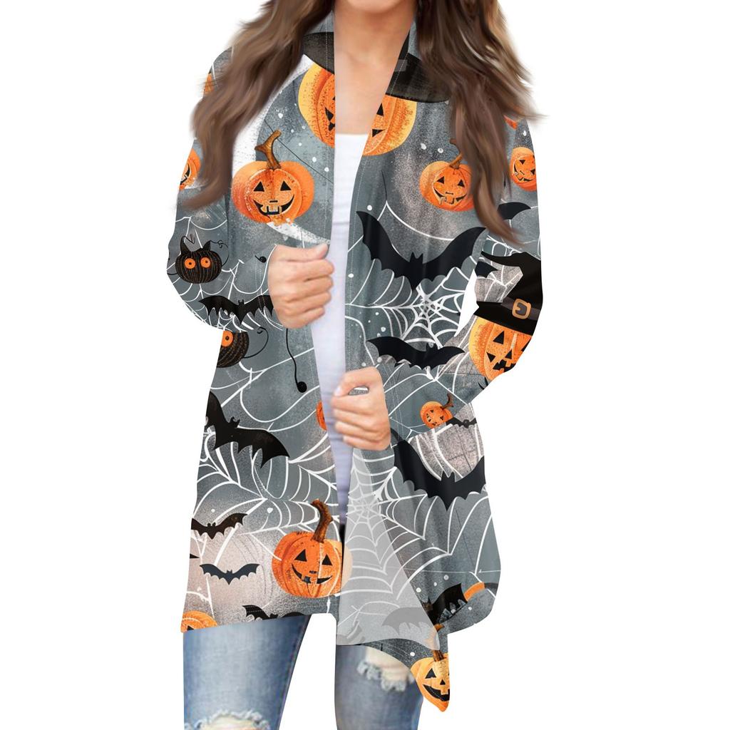 Women's Fashion Casual Halloween Printed Medium Length Cardigan Jacket Coat