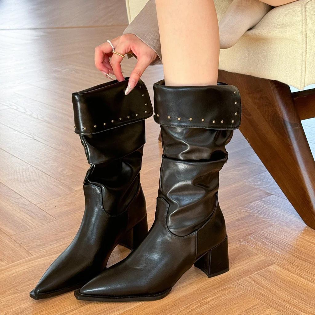 Fashion Autumn Winter Women Boots Point Toe High Heels Retro Ladies High-end Leather Chelsea Boots Platform Mid Calf Boots Female Botas