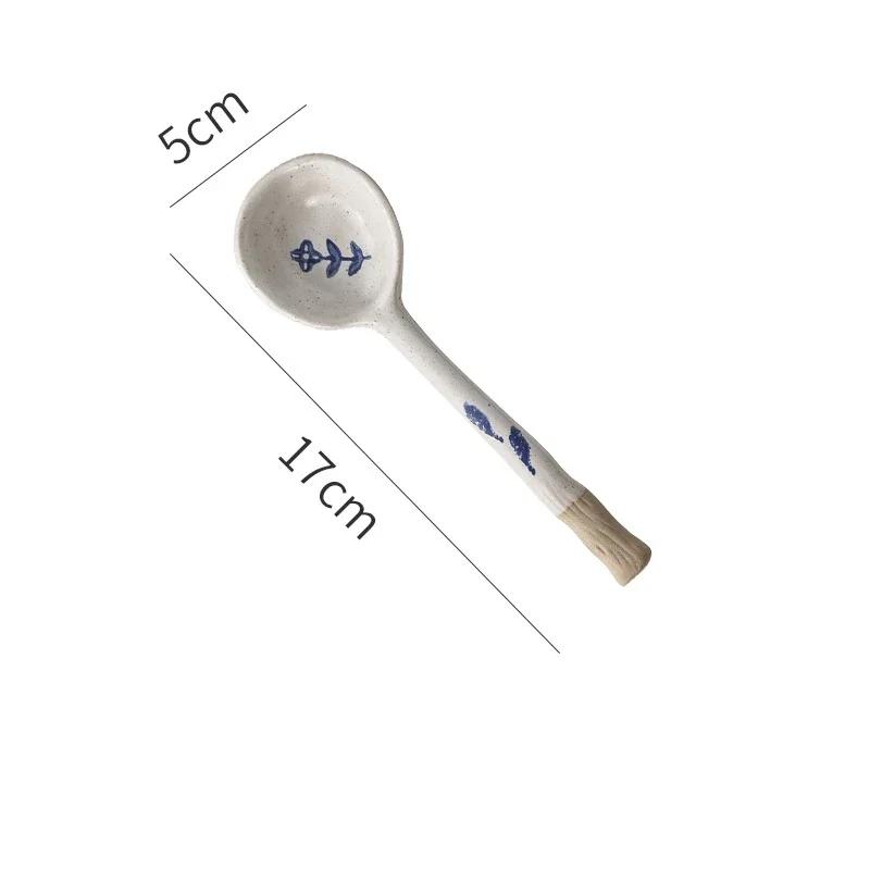 Ceramic Small Soup Spoon Japanese Style Stoneware Spoon Long Handle Spoons Household Cute Creative Spoons Kitchen Tableware