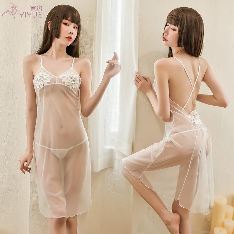 Yiyue's new erotic lingerie, halter long dress, see-through pajamas, women's water-soluble floral sexy sleeping dress, seductive set 8086