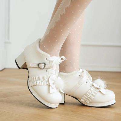 Damenschuhe Herbst/Winter 2025, mittelhoher Absatz, Lolita-Stil, Kunstpelz, süße Schleife, Mary Jane Pumps, Braut, Hochzeit, Cosplay, Party, Beige, Rosa, Schwarz