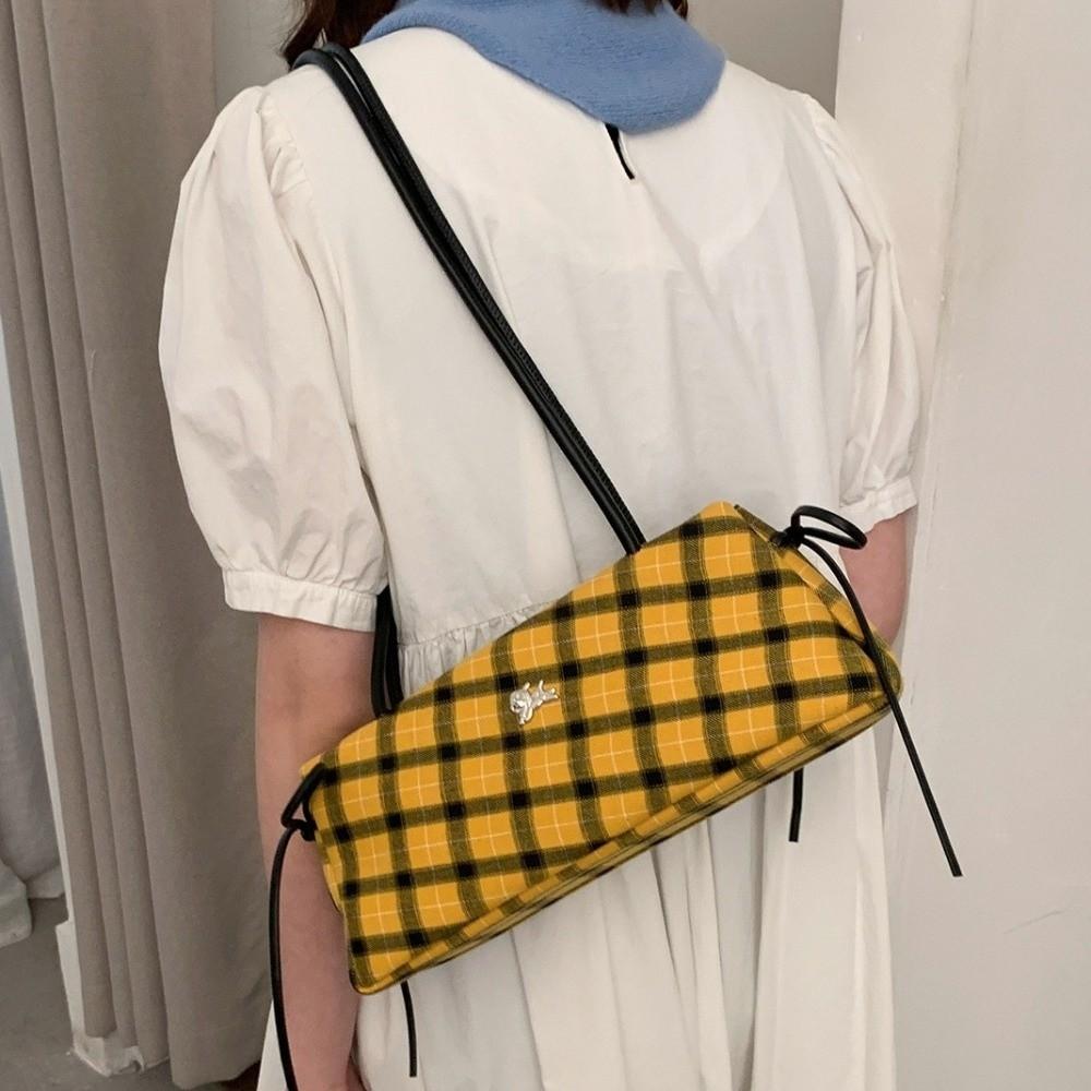 Retro Striped Plaid Shoulder Bags Simple Style Long Strap Underarm Bag Zipper Bow Handbags  Women