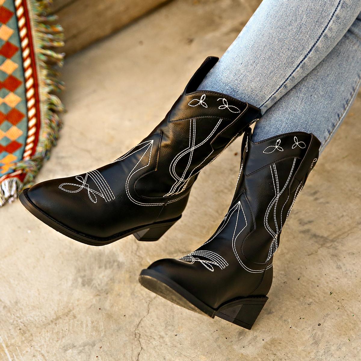 Женские сапоги Высококачественные женские сапоги Зимние остроносые вышитые однотонные — фото 4