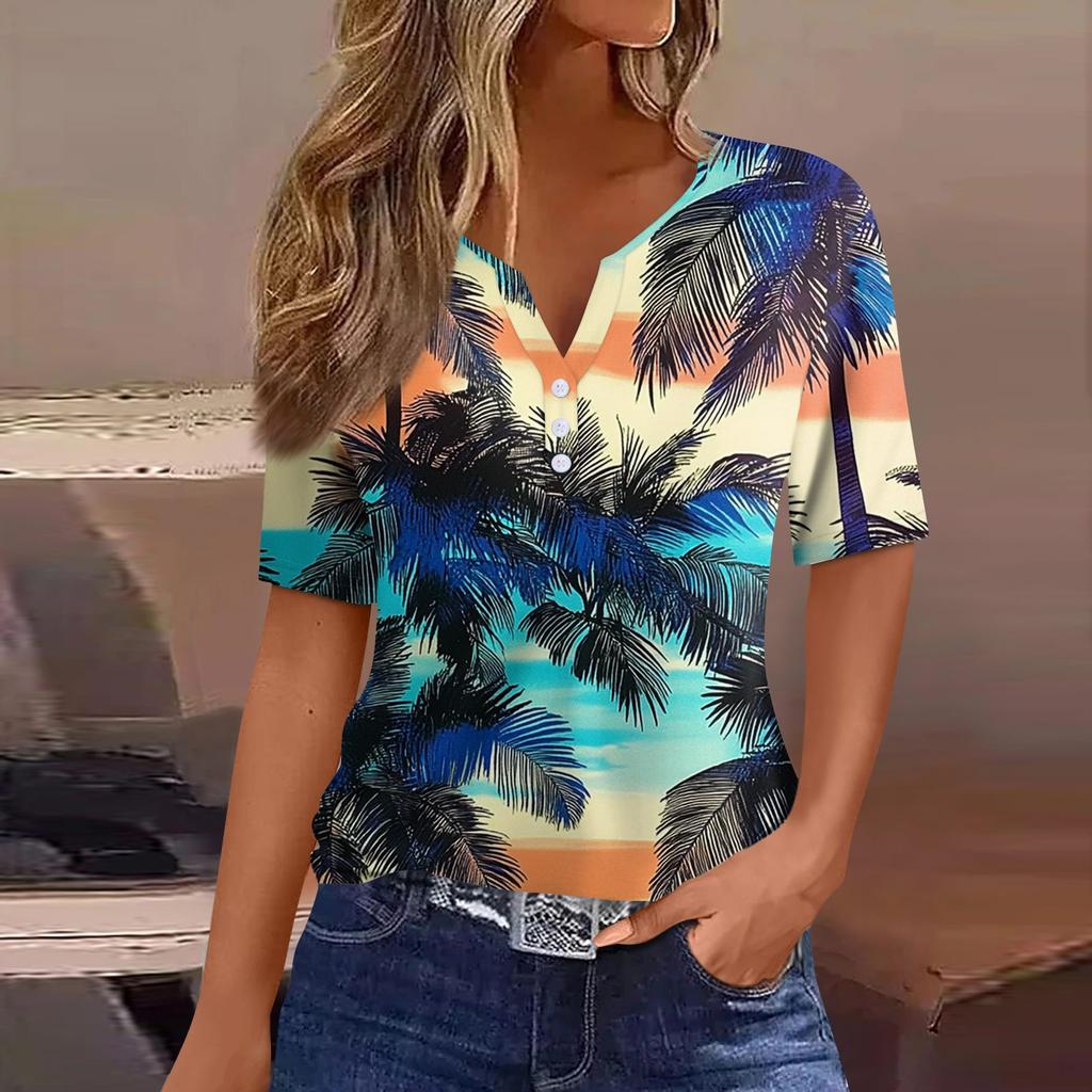 Women's T Shirt Print Button Short Sleeve Daily Weekend Fashion Basic V- Neck Regular Top