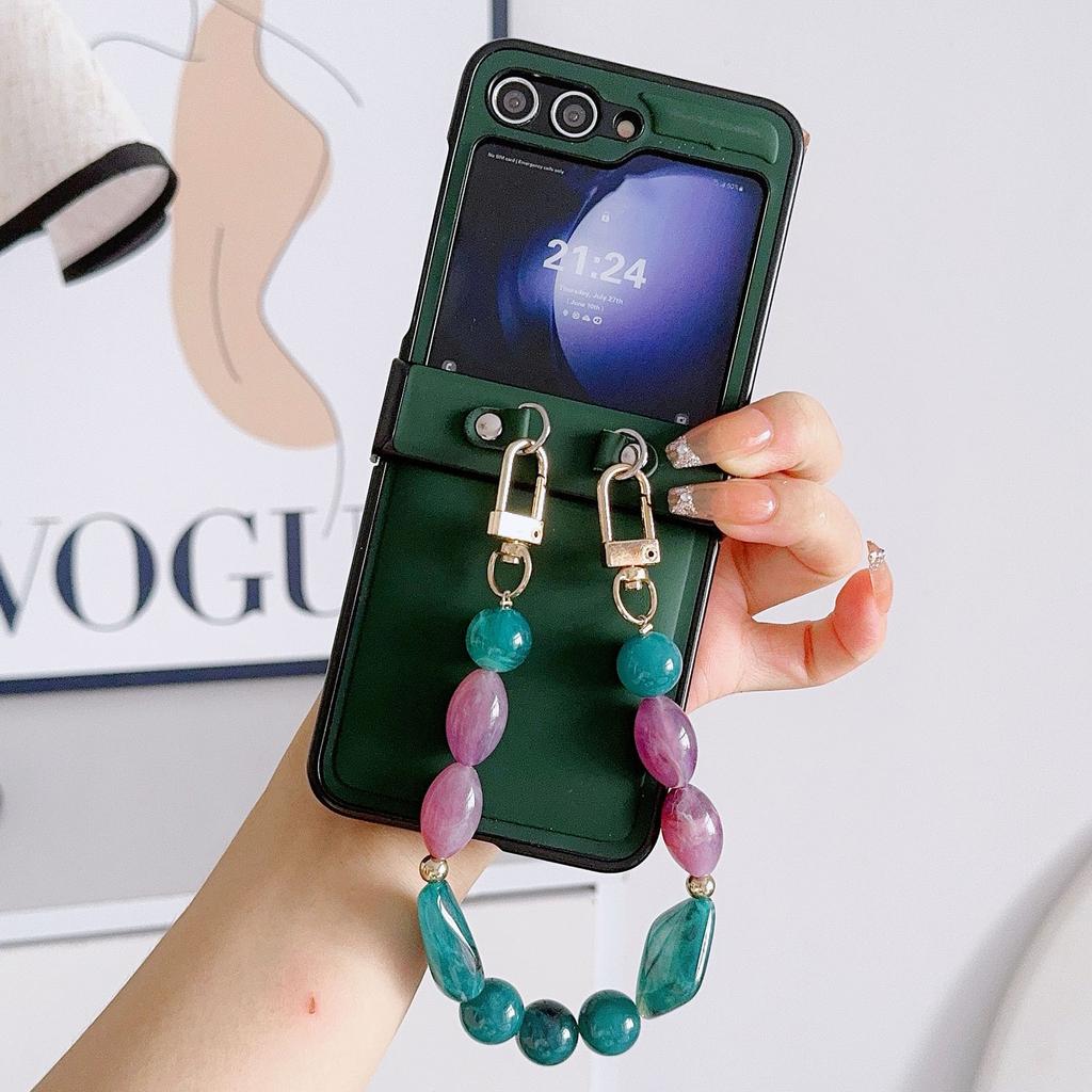 For Samsung Galaxy Z Flip6 5G Case Skin-Touch Leather+PC Phone Cover with Beaded Wrist Strap