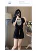 Petite Women's Trendy Black Short Sleeve Rhinestone Two-Piece Sportswear Set