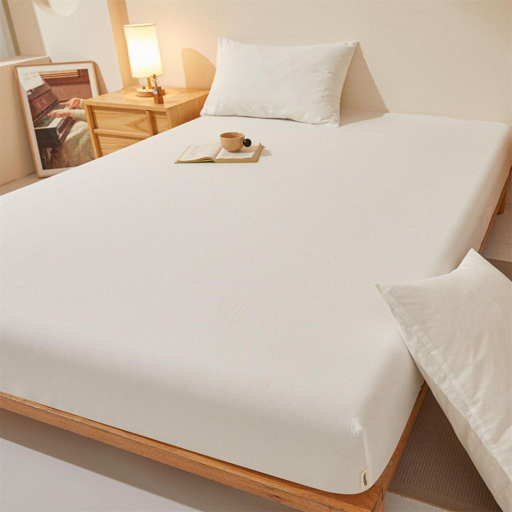 Pure Cotton Weave Washed Fitted Sheet - Solid Stripe Mattress Protector