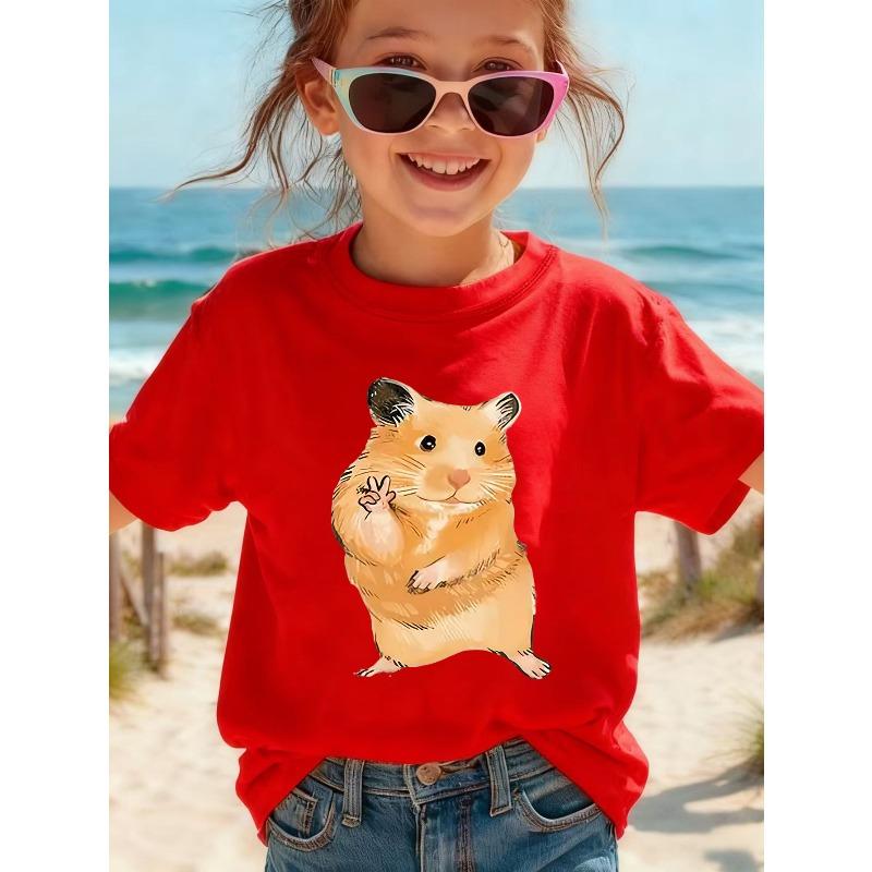 European Sizes Girl's Round Neck Short Sleeve T-Shirt with Cute Hamster Making a Heart Gesture Print, Fashionable Casual Top
