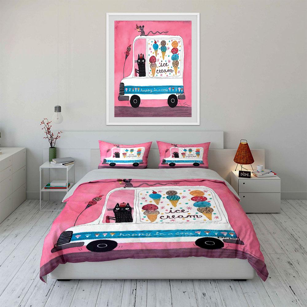 Ice Cream Truck with Cat Print Bedding Duvet Cover Set Duvet Cover Pillowcases (1*Duvet Cover 2*Pillowcases, Without Duvet Insert)