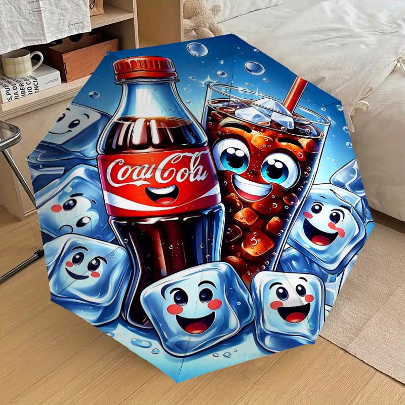 1 Stück Coca-Cola Eiswürfel Automatischer Öffnungs-/Schließschirm mit Winddichtigkeit, stabiles 8-Rippen-Dach, langlebige Rippen, modisches Design, Outdoor-Accessoire, lustiger Pr